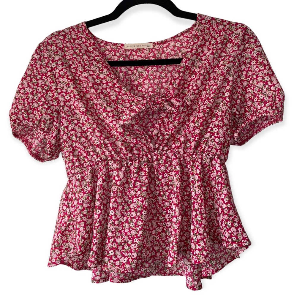 Red floral sheer cropped shortsleeve cinched top blouse S